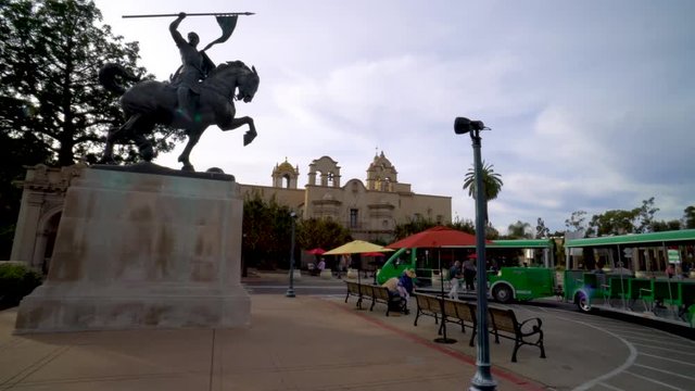 Wide shot of statue of El Cid in Balboa Park, San Diego, California.