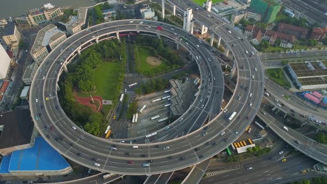 SHANGHAI, CHINA - MAY 5, 2017: Aerial view of Nanpu bridge highway junction, modern architecture