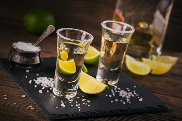 Tequila shot with lime and sea salt