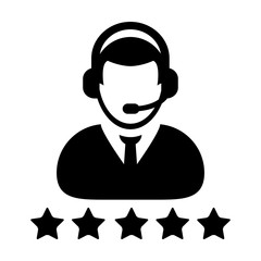 Service Icon Vector Customer Star Ratings for Male Online Support Person Profile Avatar with Headset in Glyph Pictogram illustration.