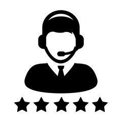 Service Icon Vector Customer Star Ratings for Male Online Support Person Profile Avatar with Headset in Glyph Pictogram illustration.