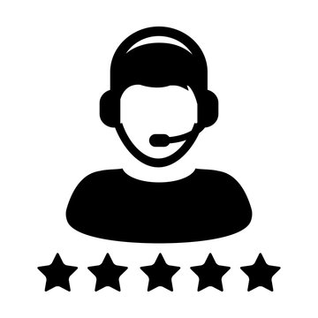 recommend clip art: Service Icon Vector Customer Star Ratings for Male Online Support Person Profile Avatar with Headset in Glyph Pictogram illustration.