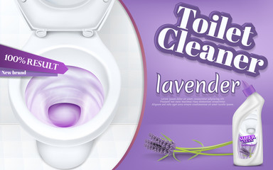 Vector promotion banner with toilet cleaner, realistic white ceramic bowl with flushing water and detergent. Liquid disinfectant gel in plastic bottle with lavender fragrance, mockup for brand design