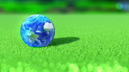 Fototapeta na wymiar La planète Terre sur le green d'un golf. Face Amérique, Afrique, Europe. Concept. Rendu 3D. 