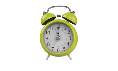 3d rendering of grey gray white Alarm clock isolated on white. It shows exact time and has two bells. metal legs. hour minute alarm hands