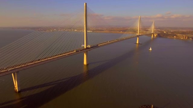 Aerial footage of the Queensferry Crossing road bridge over the Firth of Forth.