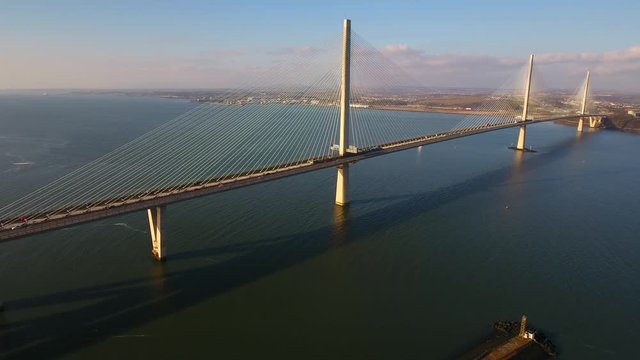 Aerial footage of the Queensferry Crossing road bridge over the Firth of Forth.