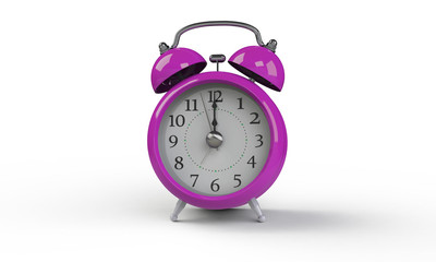 3d rendering of grey gray white Alarm clock isolated on white. It shows exact time and has two bells. metal legs. hour minute alarm hands