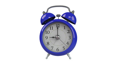 3d rendering of grey gray white Alarm clock isolated on white. It shows exact time and has two bells. metal legs. hour minute alarm hands