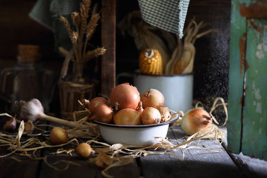 репчатый лук в металлической миске с сеном