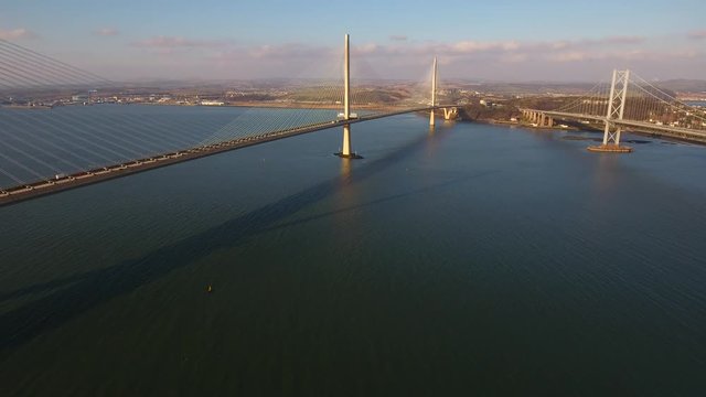 Aerial footage of the Queensferry Crossing road bridge over the Firth of Forth.