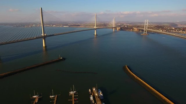 Aerial footage of the Queensferry Crossing road bridge over the Firth of Forth.