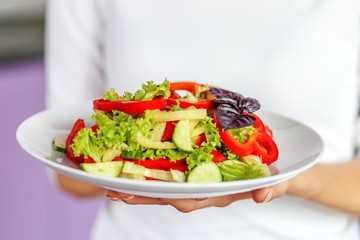 Vegetable salad of tomatoes, pepper, lettuce, cucumber and basil. The concept is healthy food, diet, vegetarianism, weight loss.