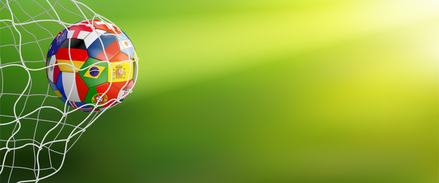 soccer ball with different flags in goal