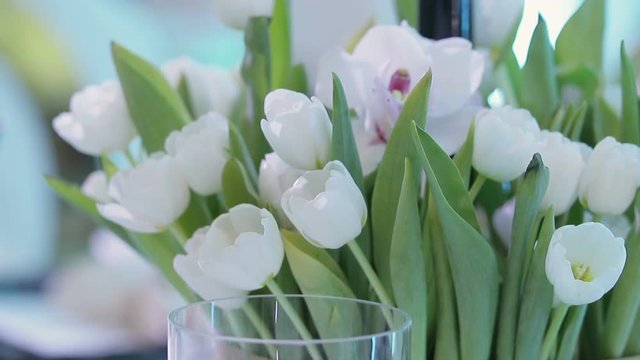 close - up of living tulips on a beautifully laid table table with black glasses