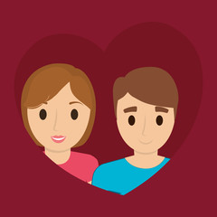 heart with Cartoon Couple in love over red background, colorful design vector illustration