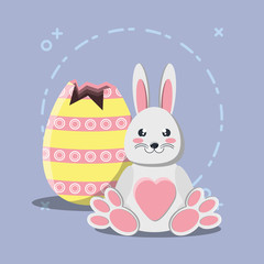 Cute bunny with colorful easter egg over purple background, colorful design vector illustration