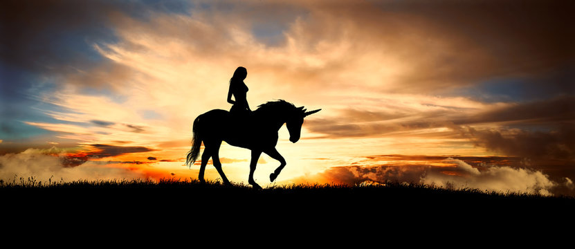 Fototapeta unicorn and girl at sunset