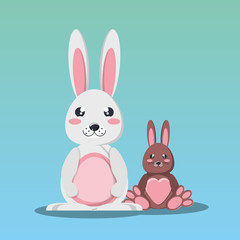 Cute big bunny and little rabbit over blue background, colorful design. vector illustration
