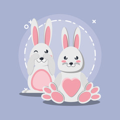 Cute happy rabbits over purple background, colorful design. vector illustration