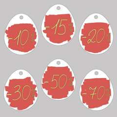 Set of six in hand-drawn discount tags. Vector.