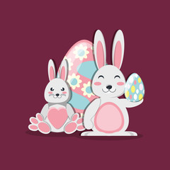 Cartoon rabbits with colorful easter eggs over red background, colorful design vector illustration