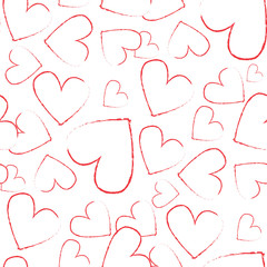 Abstract seamless heart pattern. Vector, minimalist hearts on white background. Hearts drawn with red lipstick on white