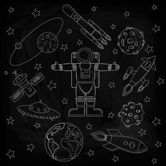 In the center of the picture is an astronaut, stars and meteorites, spaceships and a flying saucer, satellites on a black background. Sketch of the drawing. Vector illustration