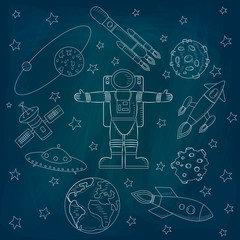 In the center of the picture is an astronaut, stars and meteorites, spaceships and a flying saucer, satellites on a blue background. Sketch of the drawing. Vector illustration