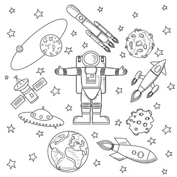 In the center of the picture is an astronaut, stars and meteorites, spaceships and a flying saucer, satellites on a white background. A sketch of the drawing, colorless. Vector illustration