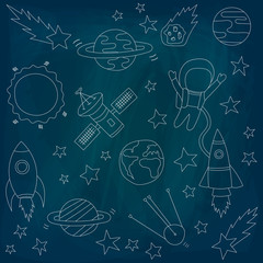 Set of vectors on a theme of space on a blue background. Stars and meteorites, a rocket and an astronaut, satellites. Drawing chalk on a blackboard. Vector illustration. Template on the theme of space
