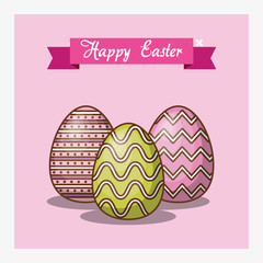 decorative ribbon and easter eggs over pink  background, colorful design vector illustration