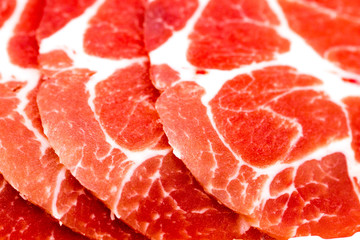 Close-up sliced raw pork isolated on white background. It copy space and selection focus.