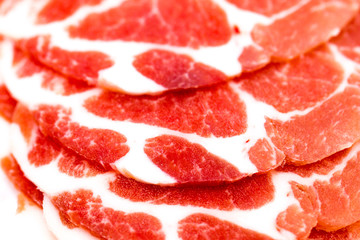Close-up sliced raw pork isolated on white background. It copy space and selection focus.