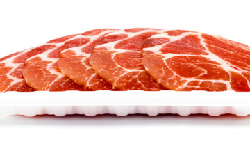 Close-up sliced raw pork isolated on white background. It copy space and selection focus.