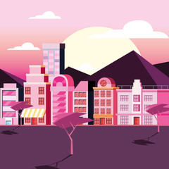 Old retro design of urban city with the sun and trees. vector illustration