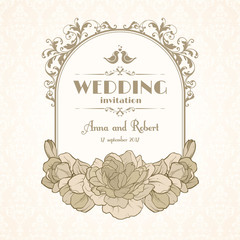 Wedding invitation with elegant flowers and ornate frame on seamless pattern. Greeting postcard.