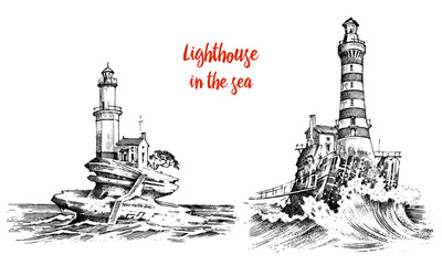 Lighthouse and sea. Marine sketch, nautical journey and seascape. Lighting in the ocean. engraved vintage, hand drawn, atlantic tidal wave. Navigation for ships and yachts.