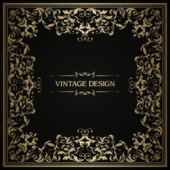 Elegant template with ornate gold frame. Lace pattern for invitation, greeting card, certificate.