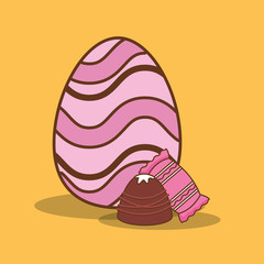 Easter egg with candies over yellow background, colorful design vector illustration