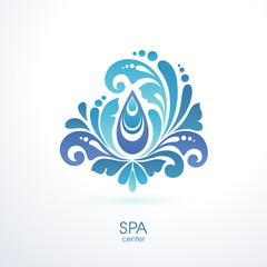 Abstract ornate splash spa background Decorative water drop symbol icon design element logo yoga class, relax spa center.