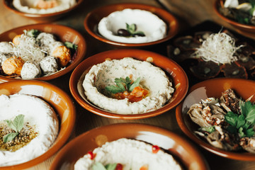Lebanon cuisine. Traditional meze lunch