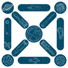 The pattern of the cosmos. Spacecraft, Earth, Moon, planets, satellites and stars. Sketch of drawing, white outline on blue background, vector illustration