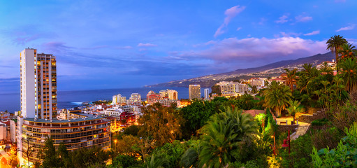 Puerto de la Cruz, Tenerife, Canary islands, Spain: Sceninc view over the city at the sunset time