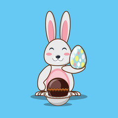 Cute bunny holding a easter egg and easter egg over blue background, colorful design vector illustration