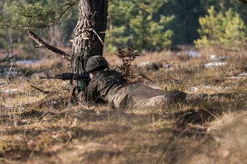 Obraz premium a soldier by a tree leaning with a rfle