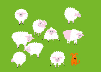Funny cute sheep cartoon characters set. Vector Illustrations isolated on green background