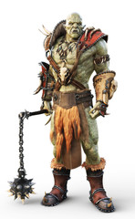 Savage Orc Brute warrior wearing traditional armor. Fantasy themed character on an isolated white background. 3d rendering