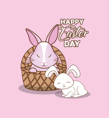 Happy easter design with basket with cute bunny over pink background, colorful design vector illustration