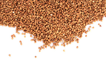 buckwheat grain isolated on white background close up with copy space for your text. Top view